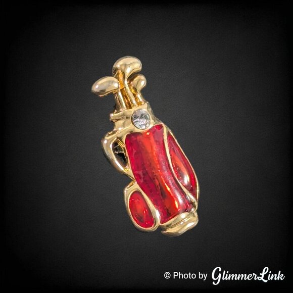 Vintage Golf Bag Red Enamel Rhinestone Gold Tone Tie Tack Pin - Picture 2 of 8